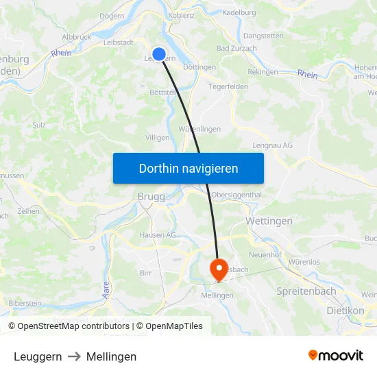 Leuggern to Mellingen map