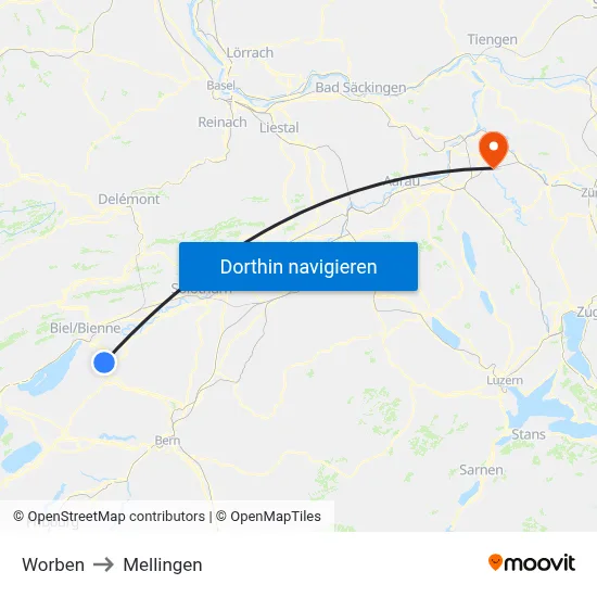 Worben to Mellingen map