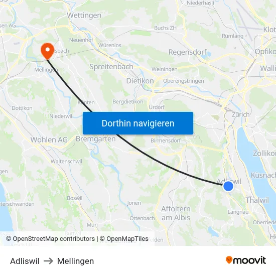 Adliswil to Mellingen map