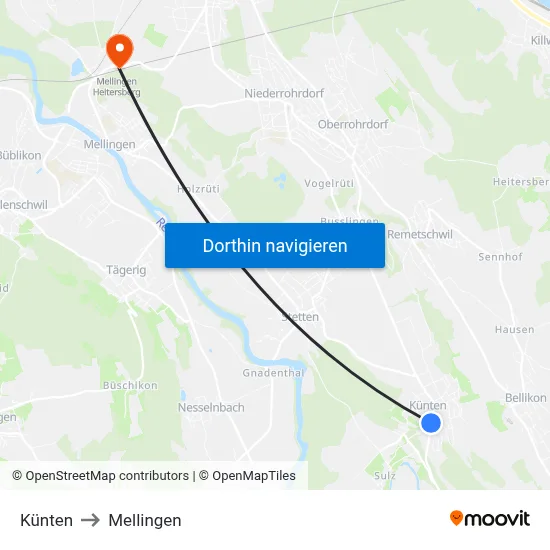 Künten to Mellingen map