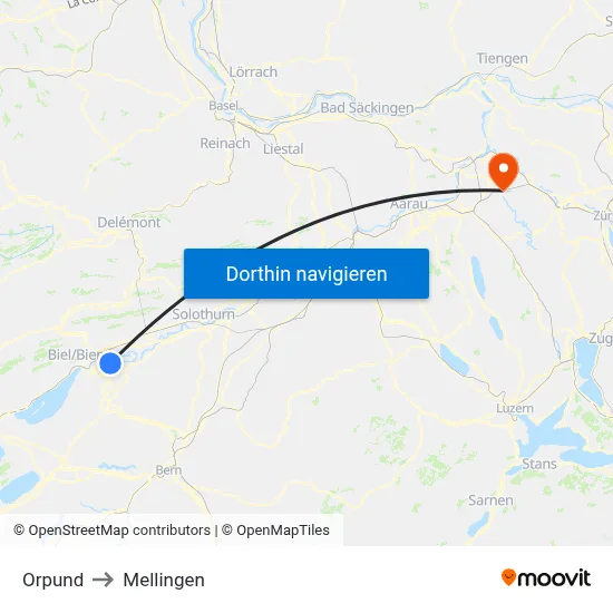 Orpund to Mellingen map