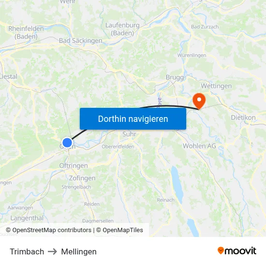 Trimbach to Mellingen map