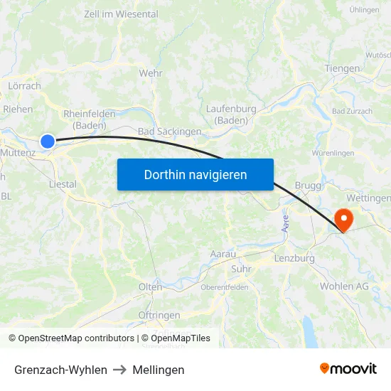 Grenzach-Wyhlen to Mellingen map