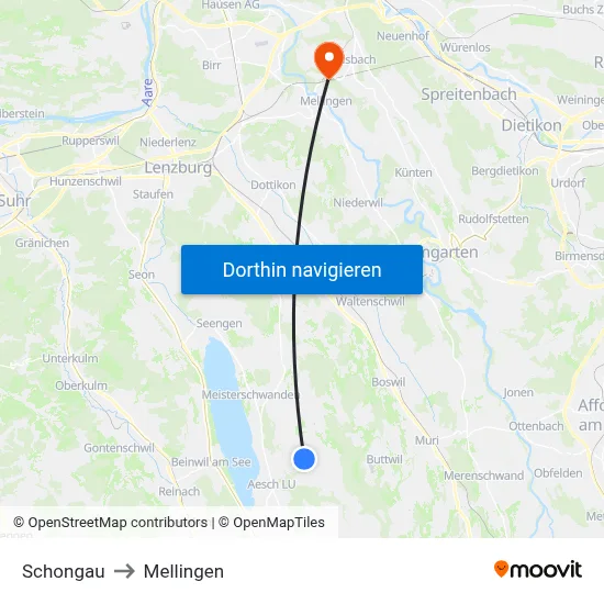 Schongau to Mellingen map