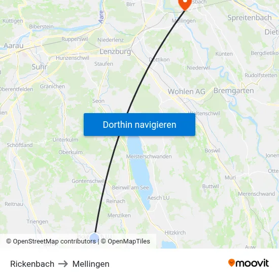 Rickenbach to Mellingen map