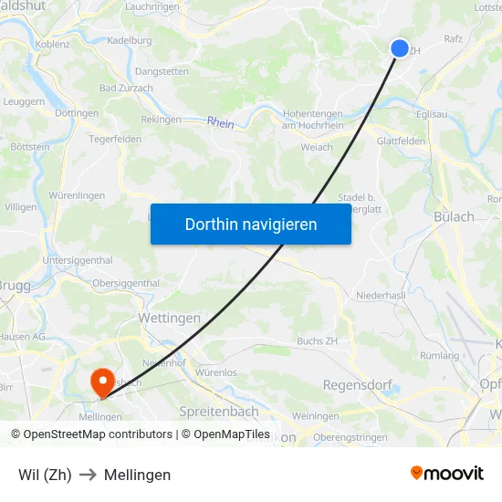 Wil (Zh) to Mellingen map