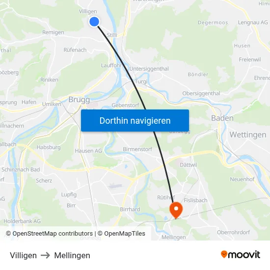Villigen to Mellingen map