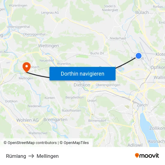 Rümlang to Mellingen map