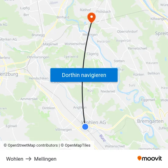 Wohlen to Mellingen map