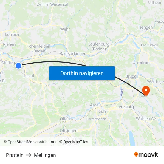 Pratteln to Mellingen map