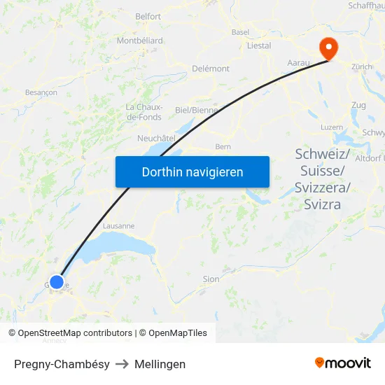 Pregny-Chambésy to Mellingen map