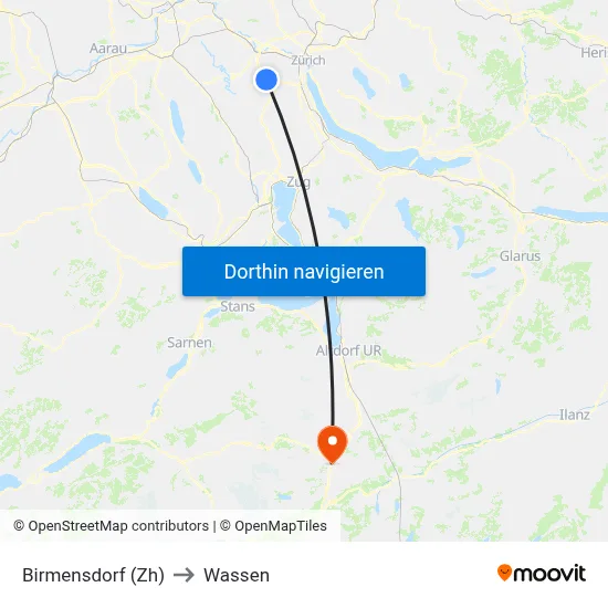 Birmensdorf (Zh) to Wassen map