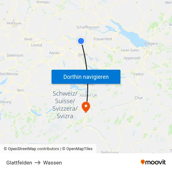 Glattfelden to Wassen map