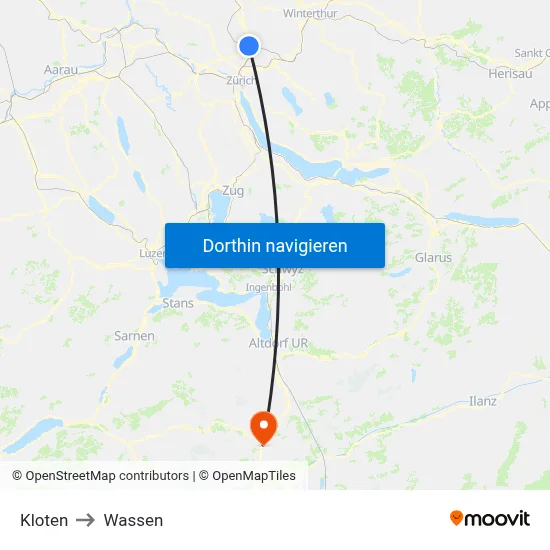 Kloten to Wassen map
