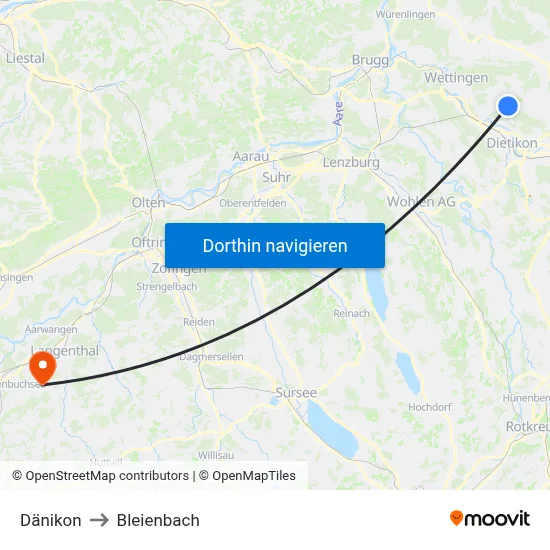 Dänikon to Bleienbach map