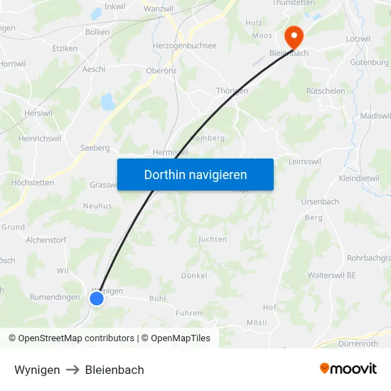 Wynigen to Bleienbach map