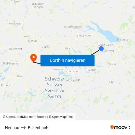 Herisau to Bleienbach map