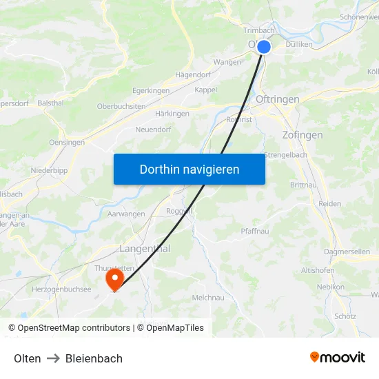 Olten to Bleienbach map