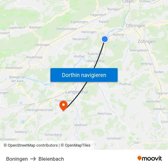 Boningen to Bleienbach map