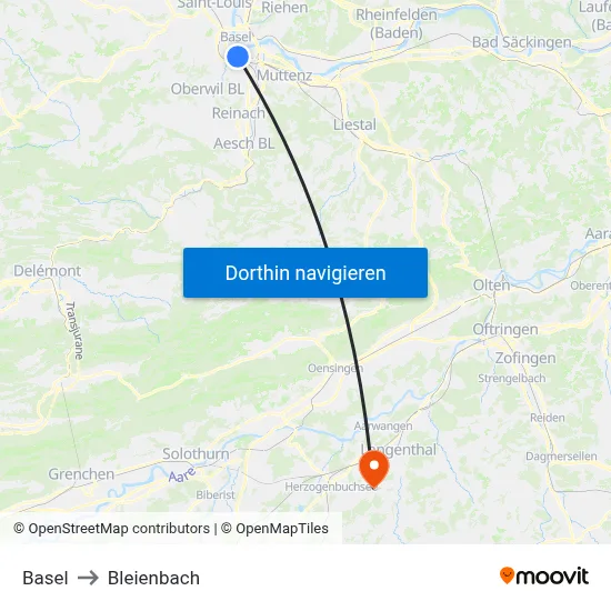 Basel to Bleienbach map