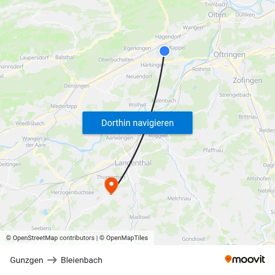 Gunzgen to Bleienbach map