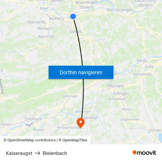 Kaiseraugst to Bleienbach map