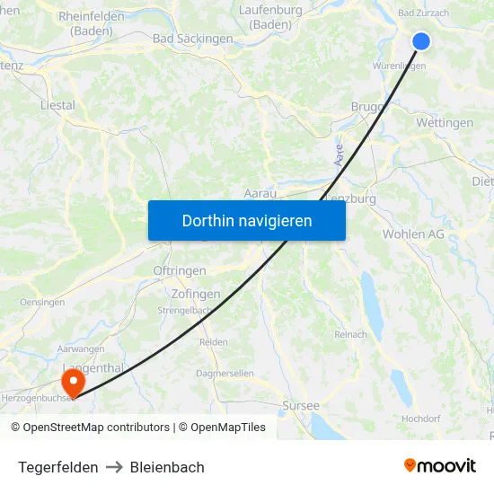 Tegerfelden to Bleienbach map