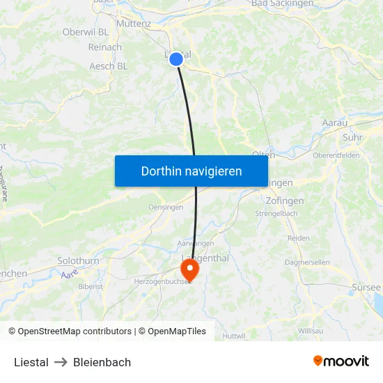Liestal to Bleienbach map