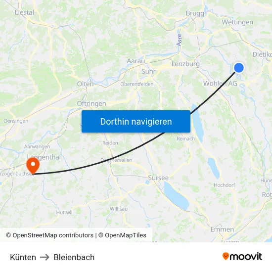 Künten to Bleienbach map