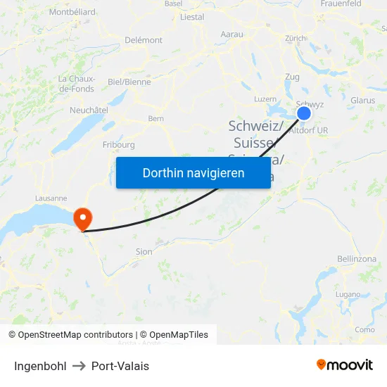 Ingenbohl to Port-Valais map