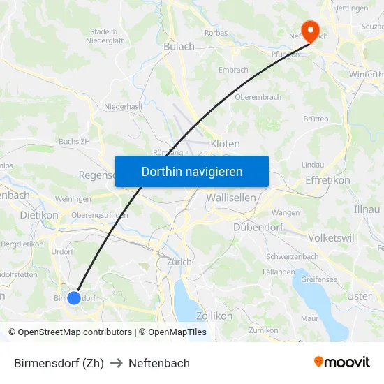 Birmensdorf (Zh) to Neftenbach map