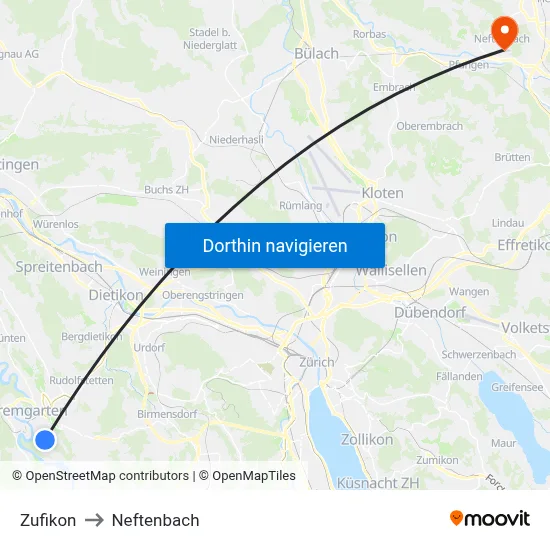 Zufikon to Neftenbach map