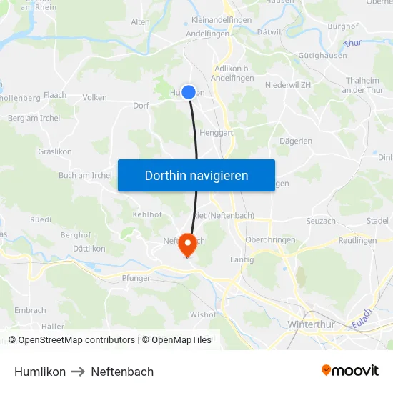 Humlikon to Neftenbach map