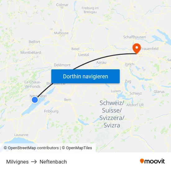 Milvignes to Neftenbach map
