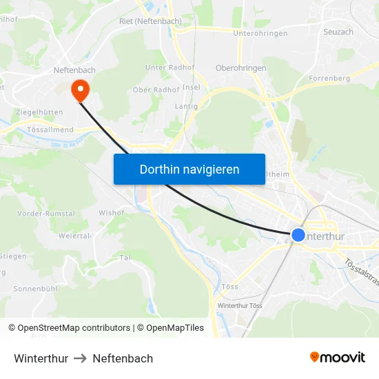 Winterthur to Neftenbach map