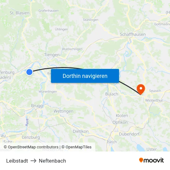 Leibstadt to Neftenbach map