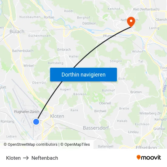 Kloten to Neftenbach map