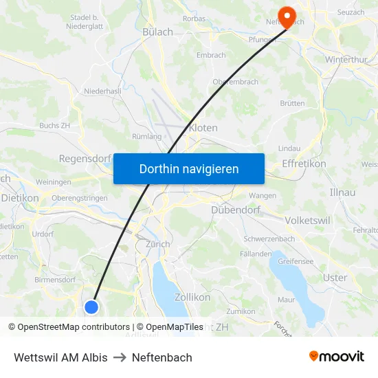 Wettswil AM Albis to Neftenbach map
