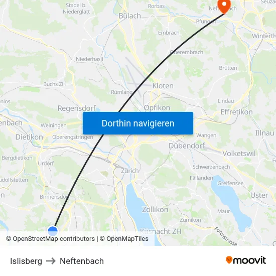 Islisberg to Neftenbach map