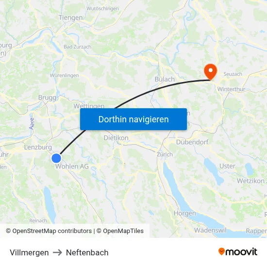 Villmergen to Neftenbach map