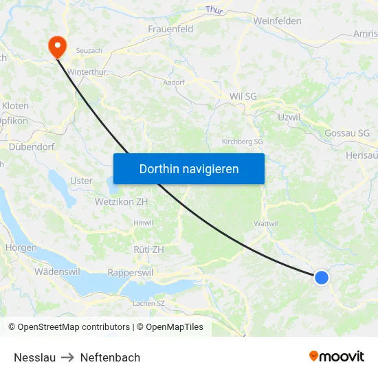 Nesslau to Neftenbach map