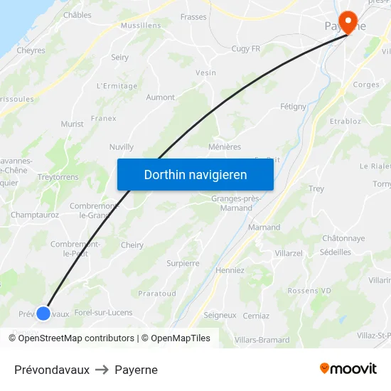 Prévondavaux to Payerne map
