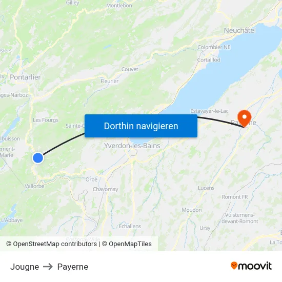 Jougne to Payerne map