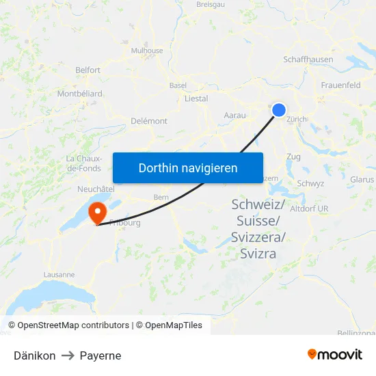 Dänikon to Payerne map