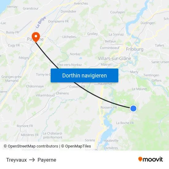 Treyvaux to Payerne map