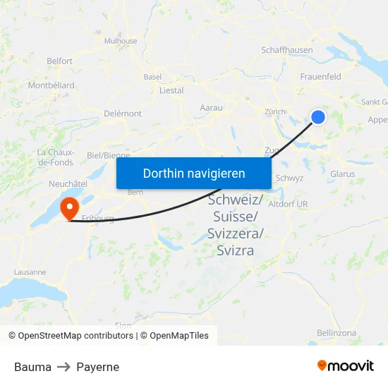 Bauma to Payerne map