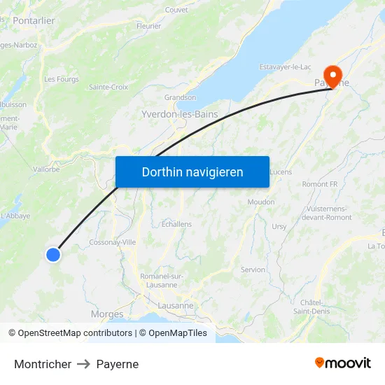 Montricher to Payerne map