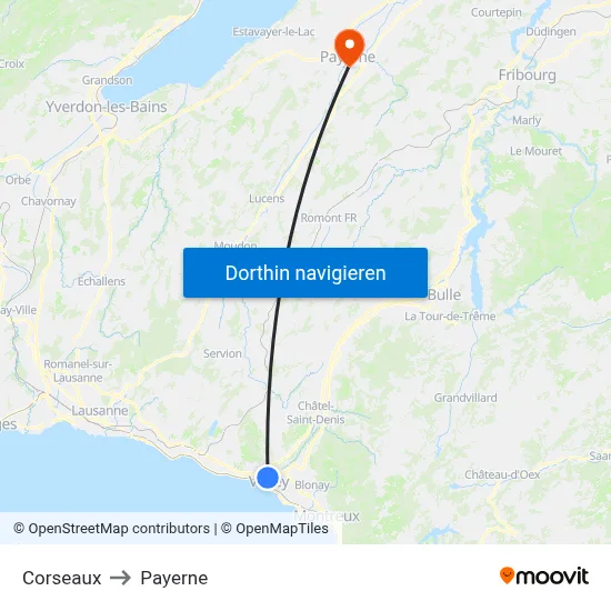 Corseaux to Payerne map