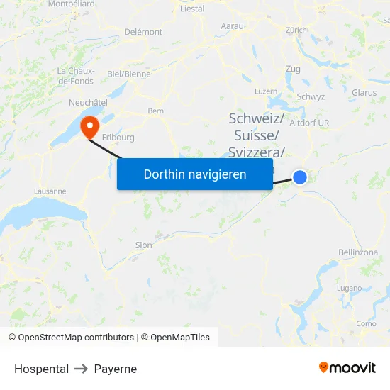 Hospental to Payerne map