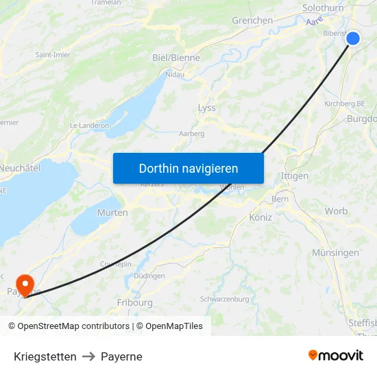 Kriegstetten to Payerne map